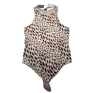 Express Body Contour Animal Print High Neck Sleeveless Bodysuit Cream Brown M